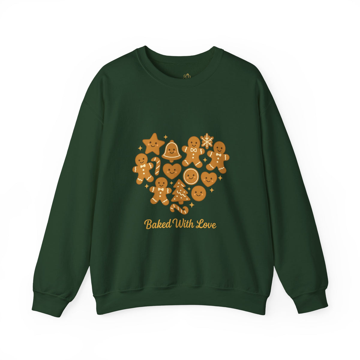 forest green crewneck sweatshirt with Baked With Love gingerbread heart design