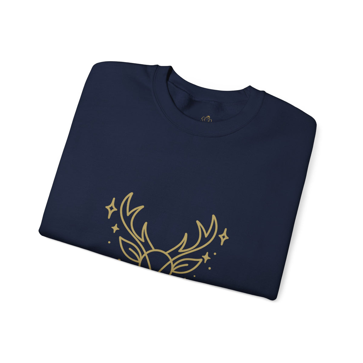 Folded navy sweatshirt showing minimalist gold-colored reindeer print
