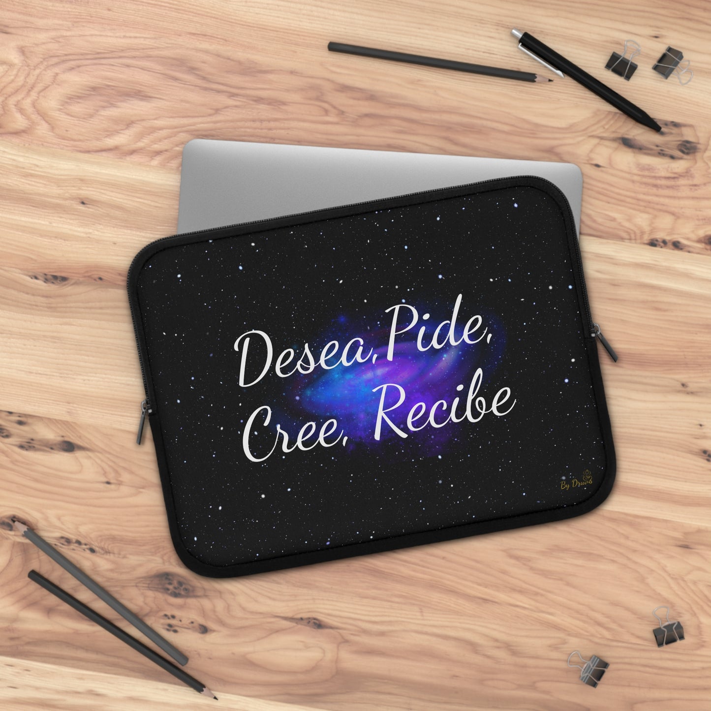 “Desea, Pide, Cree, Recibe” Laptop Sleeve – Galaxy Manifestation Case by Druvs (Multiple Sizes)