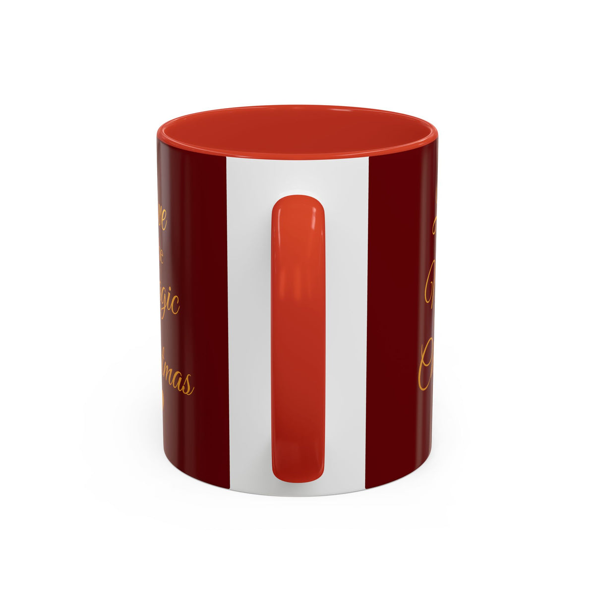 Handle-side view of Christmas mug showing red handle and white panel
