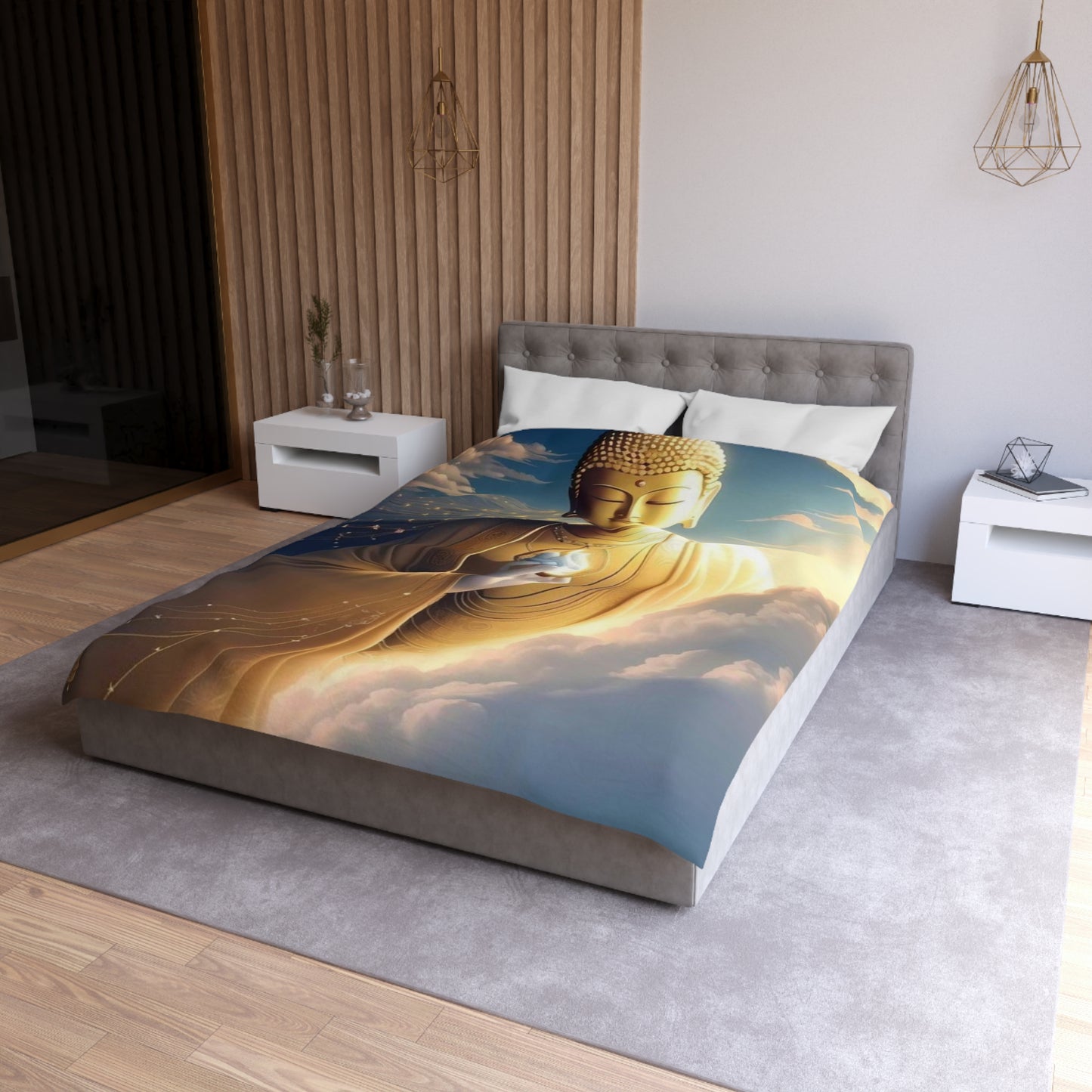 Golden Buddha in the Clouds Duvet Cover – Divine Serenity Bedding by Druvs (All Sizes, Ships Worldwide)