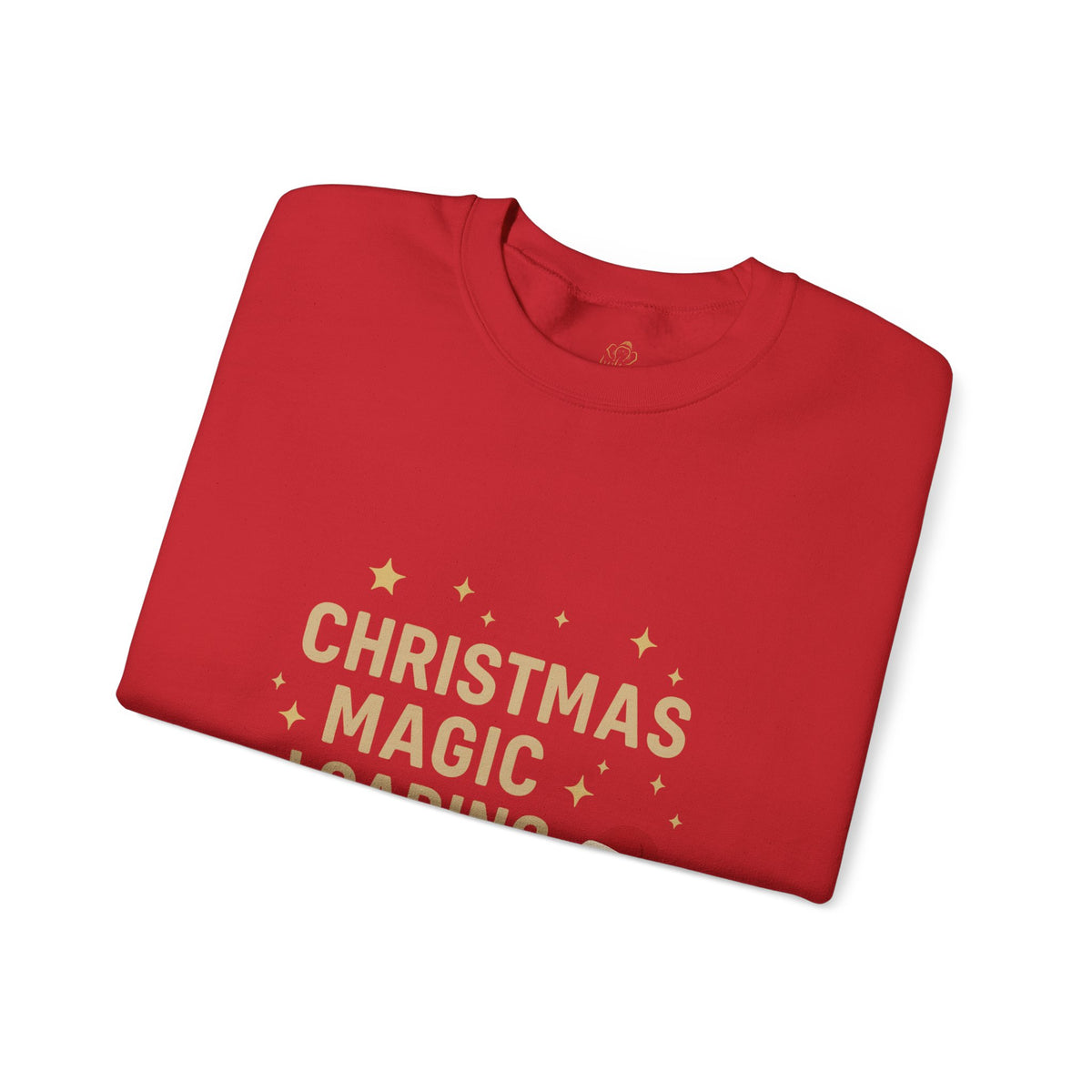 Folded red sweatshirt showing Christmas Magic Loading Santa hat print