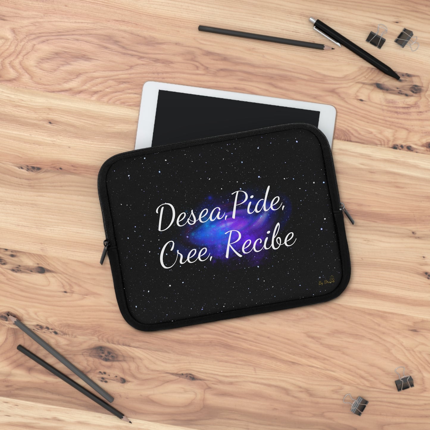 “Desea, Pide, Cree, Recibe” Laptop Sleeve – Galaxy Manifestation Case by Druvs (Multiple Sizes)
