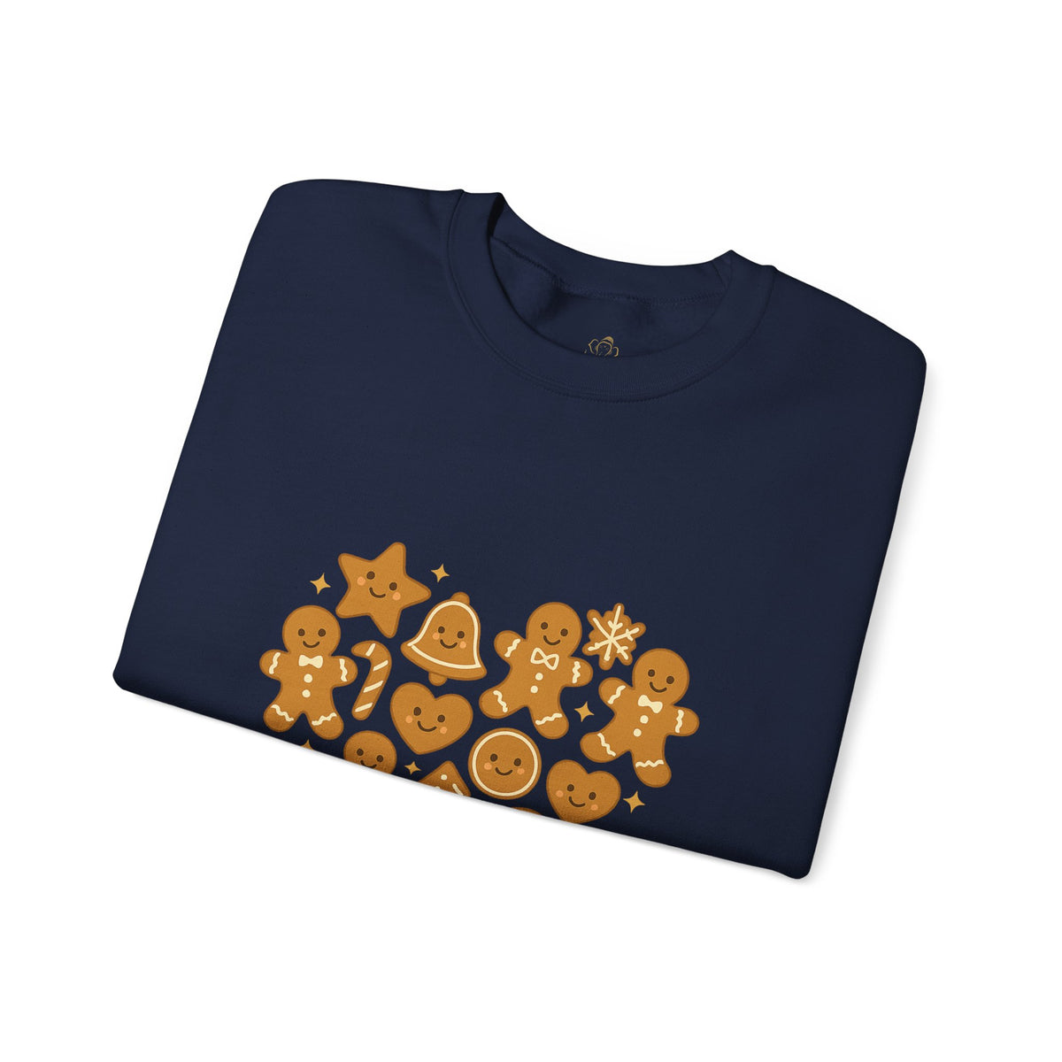 Folded navy sweatshirt showing Baked With Love gingerbread heart print