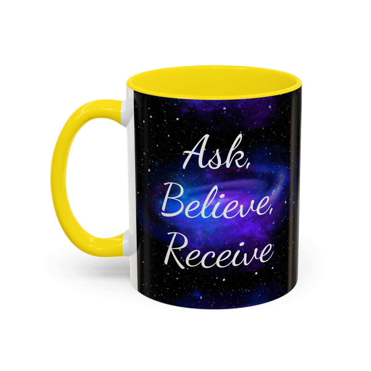 Ask Believe Receive two-tone manifestation mug with galaxy design by Druvs