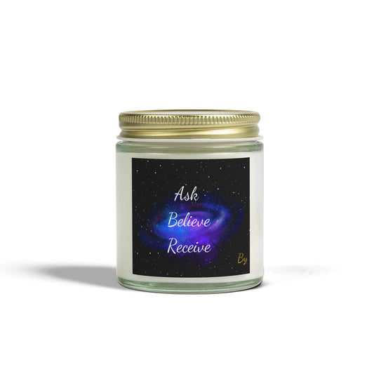 Glass jar candle with gold lid and a galaxy "Ask, Believe, Receive" label