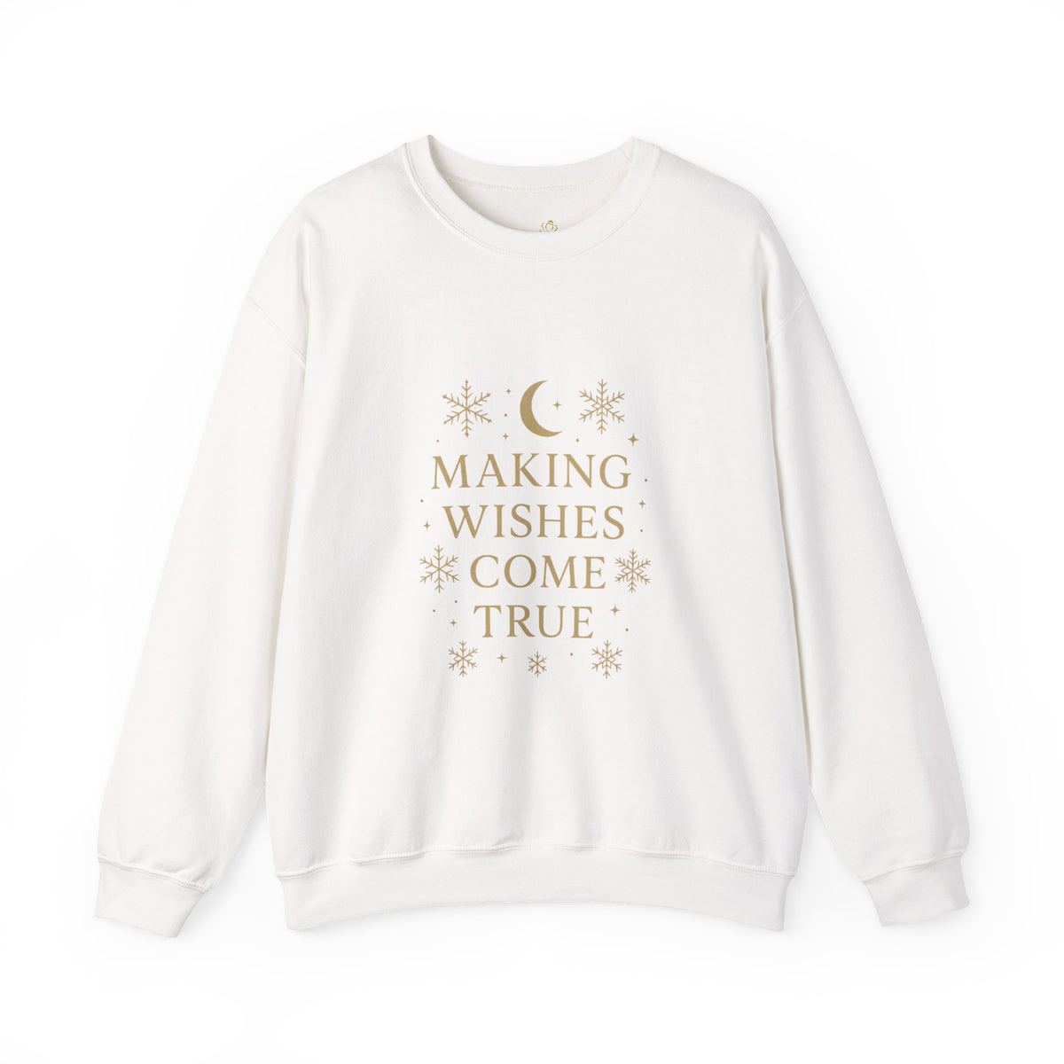 white crewneck sweatshirt with Making Wishes Come True moon and snowflake design