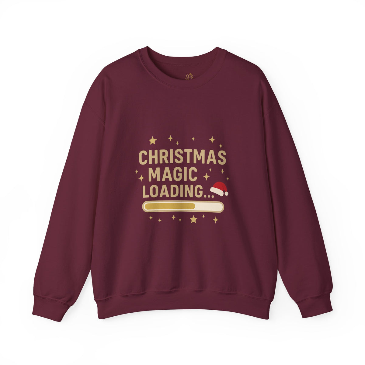 maroon crewneck sweatshirt with Christmas Magic Loading Santa hat design