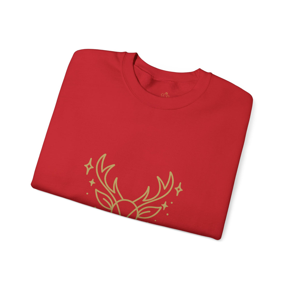 Folded red sweatshirt showing minimalist gold-colored reindeer print