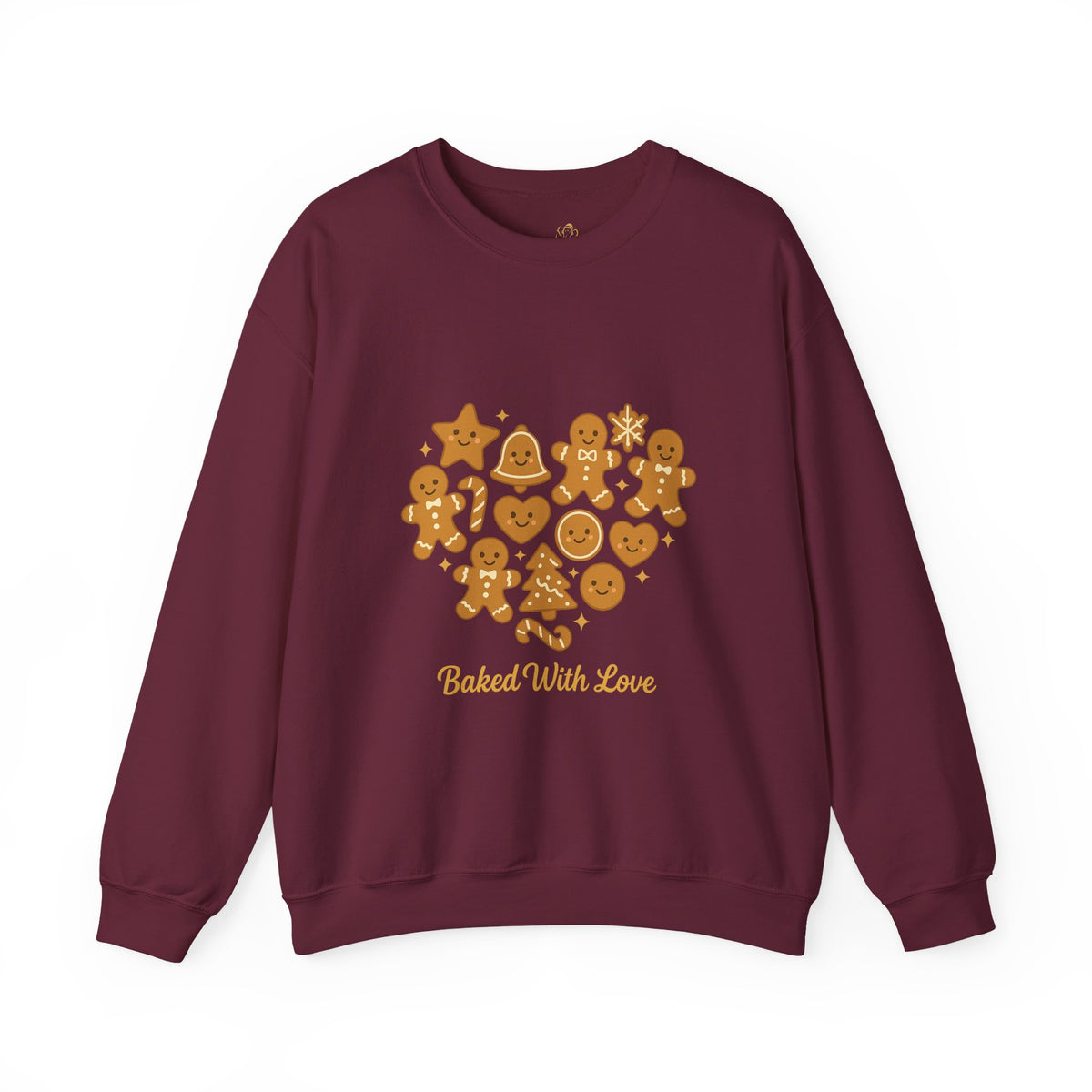 maroon crewneck sweatshirt with Baked With Love gingerbread heart design