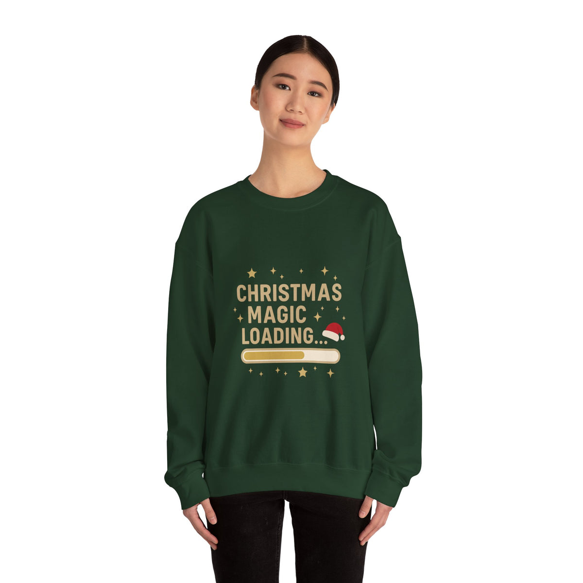 Model wearing a forest green Christmas Magic Loading Santa hat sweatshirt