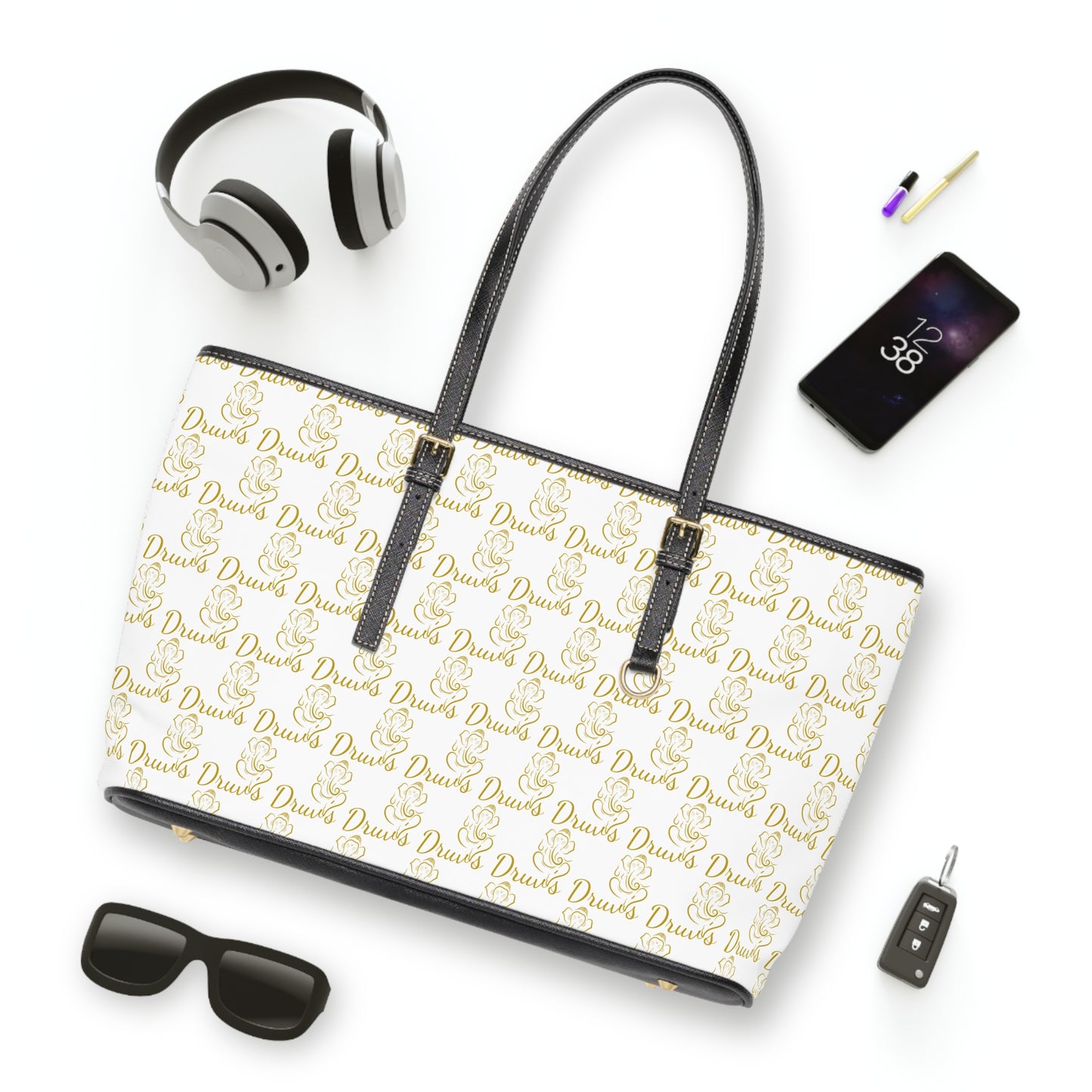 White Druvs Monogram Shoulder Bag – Elegant Leather Tote | 100% PU