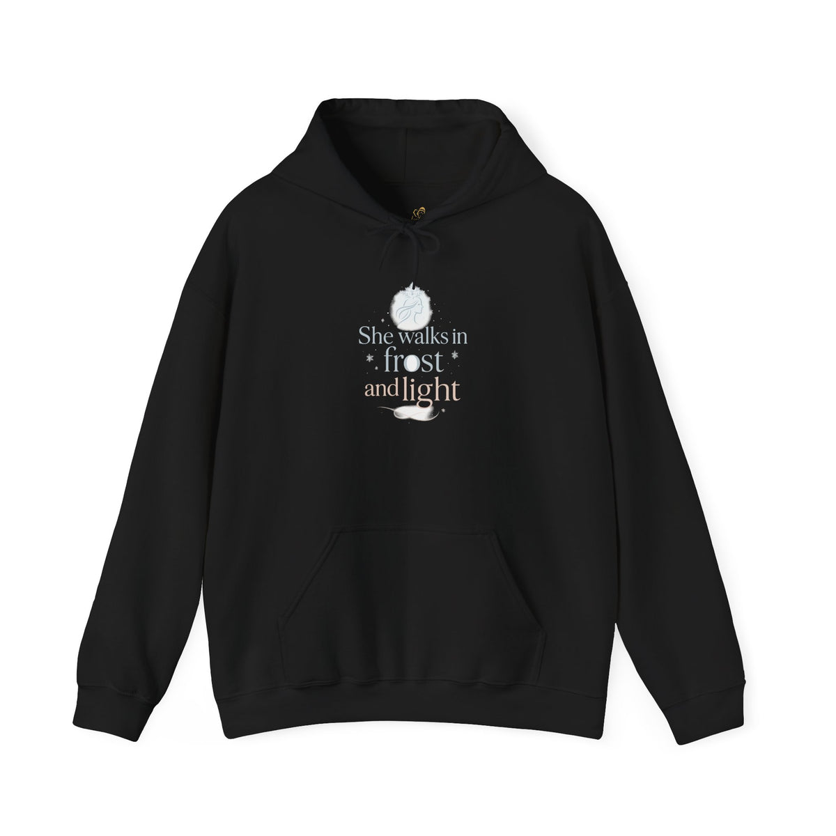black hoodie with She Walks in Frost and Light moon design on the front