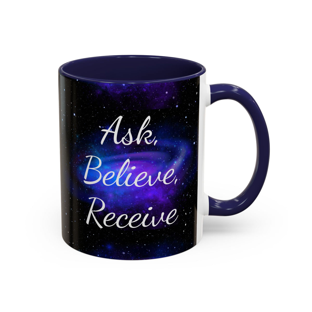 Ask Believe Receive two-tone manifestation mug with galaxy design by Druvs