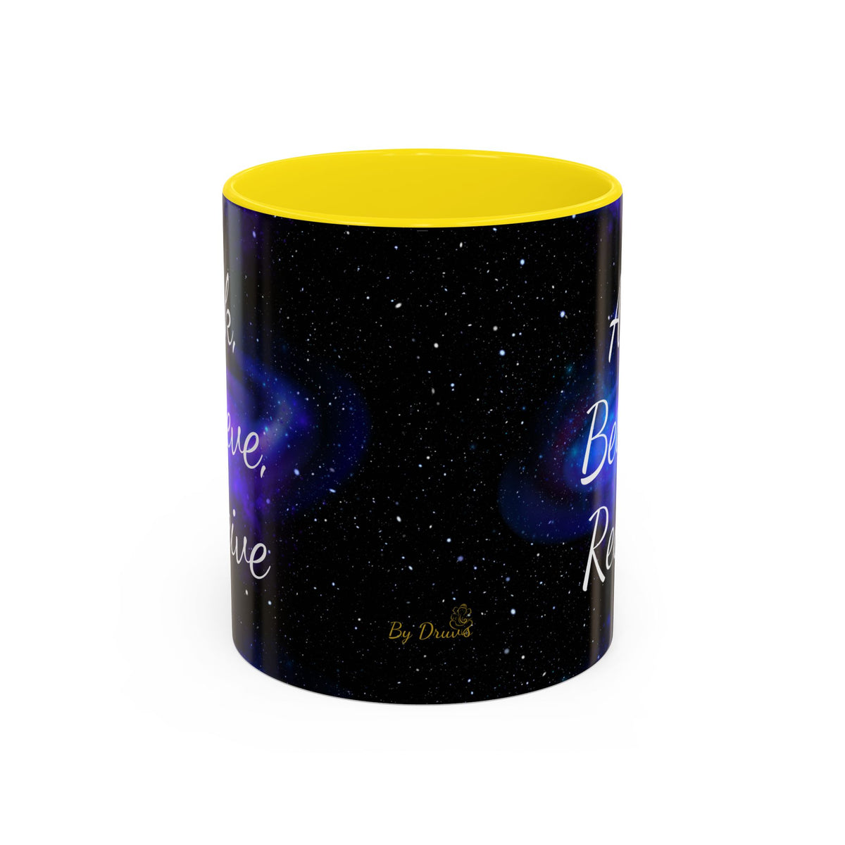 Ask Believe Receive two-tone manifestation mug with galaxy design by Druvs