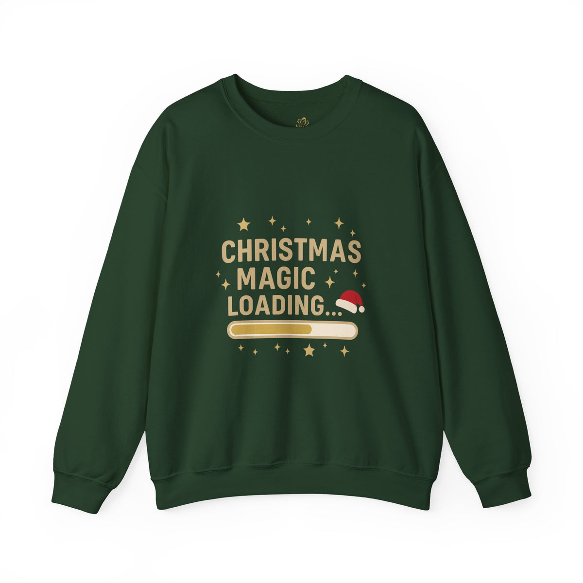 forest green crewneck sweatshirt with Christmas Magic Loading Santa hat design