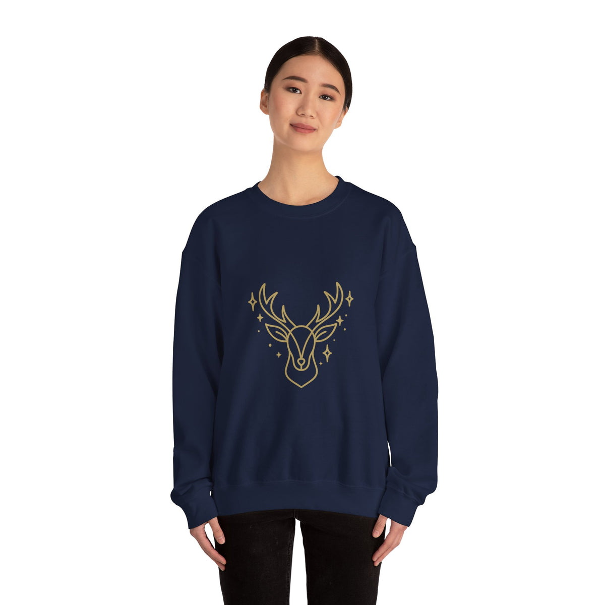Model wearing a navy minimalist gold-colored reindeer sweatshirt