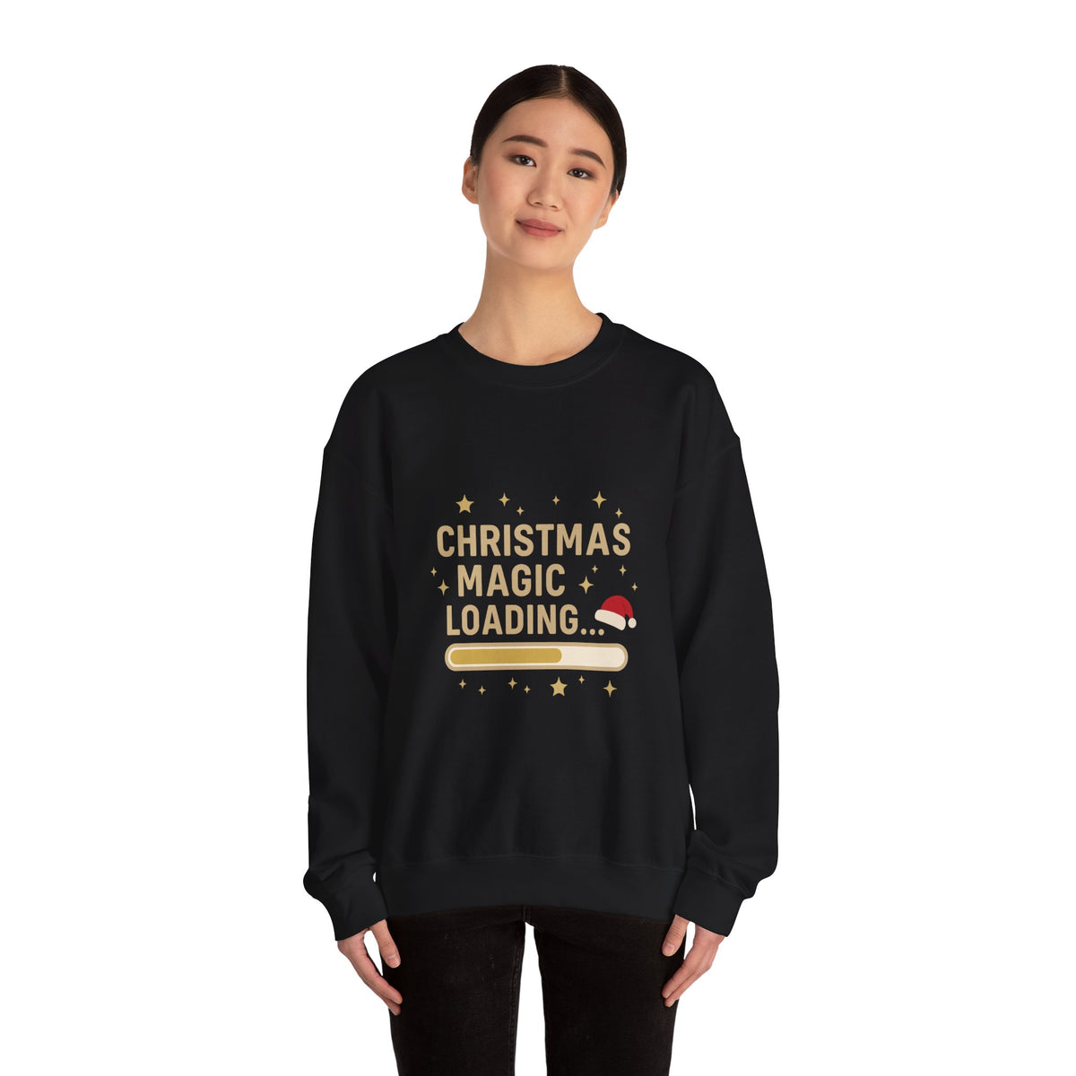 Model wearing a black Christmas Magic Loading Santa hat sweatshirt