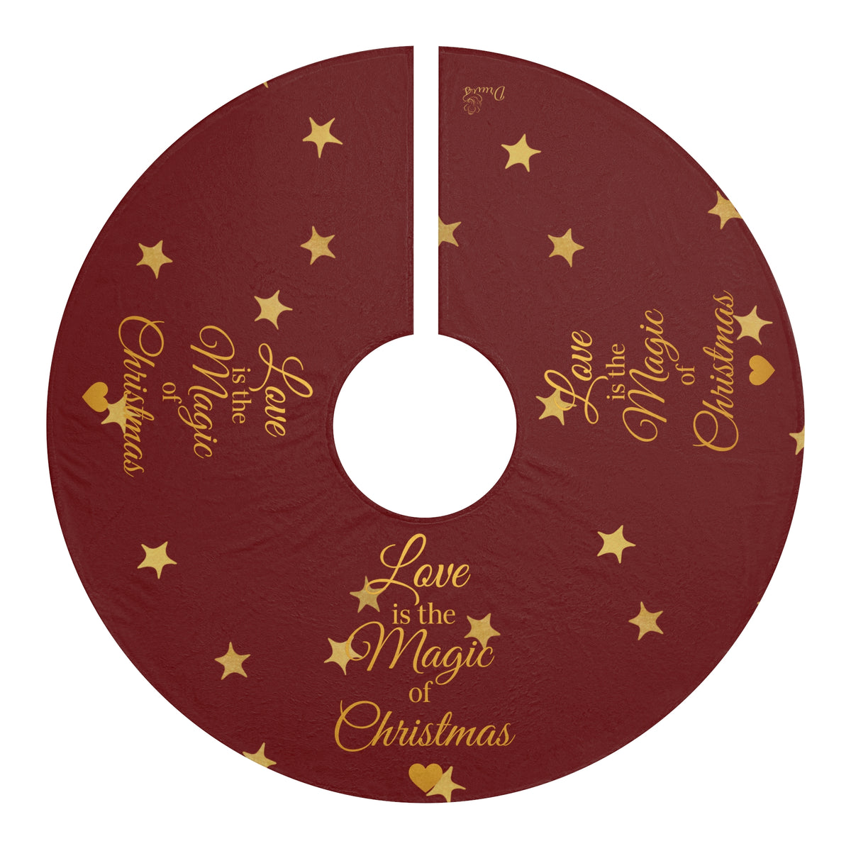 Red circular Christmas tree skirt with gold-toned stars and Love is the Magic of Christmas lettering