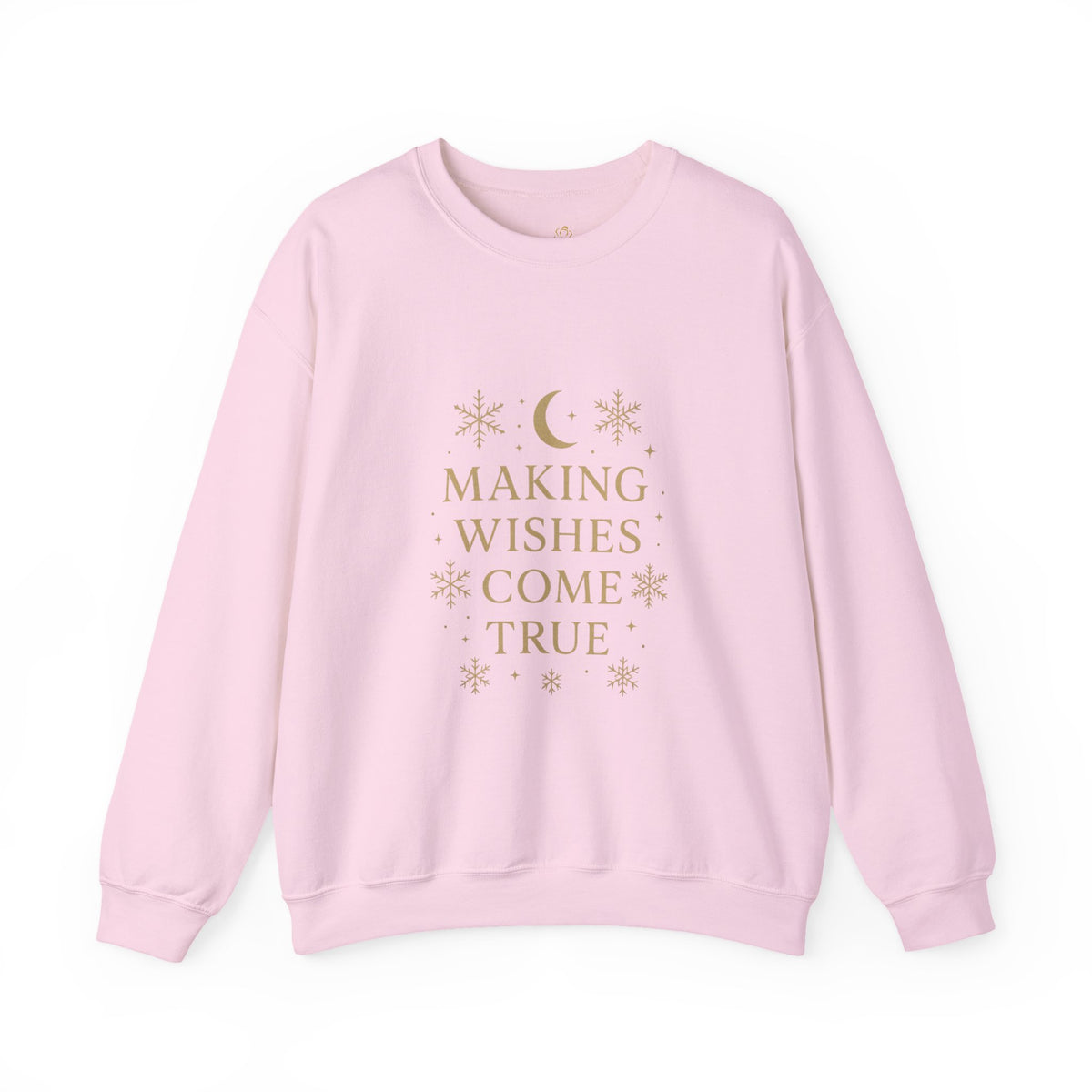 light pink crewneck sweatshirt with Making Wishes Come True moon and snowflake design