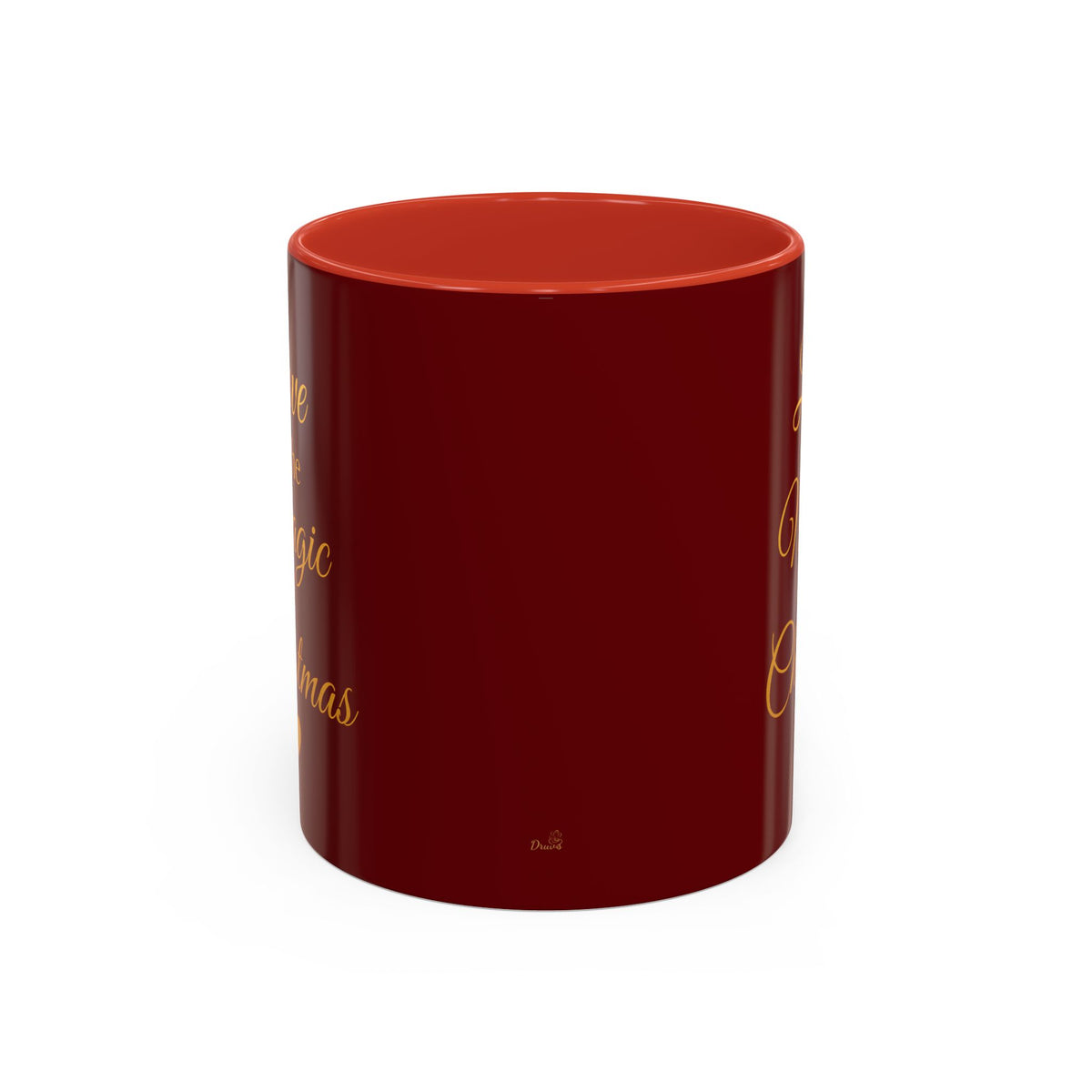 Rear view of the burgundy Love Is the Magic of Christmas mug