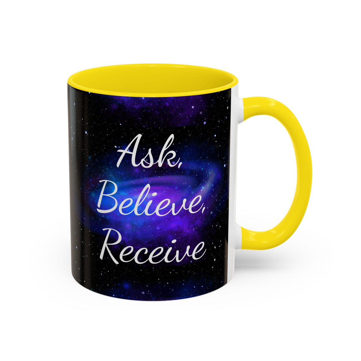 Ask Believe Receive two-tone manifestation mug with galaxy design by Druvs