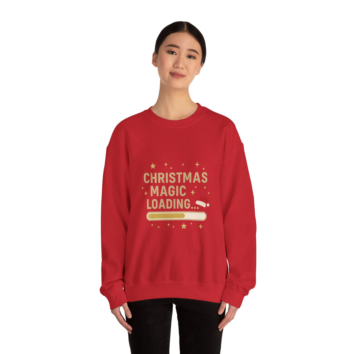 Model wearing a red Christmas Magic Loading Santa hat sweatshirt