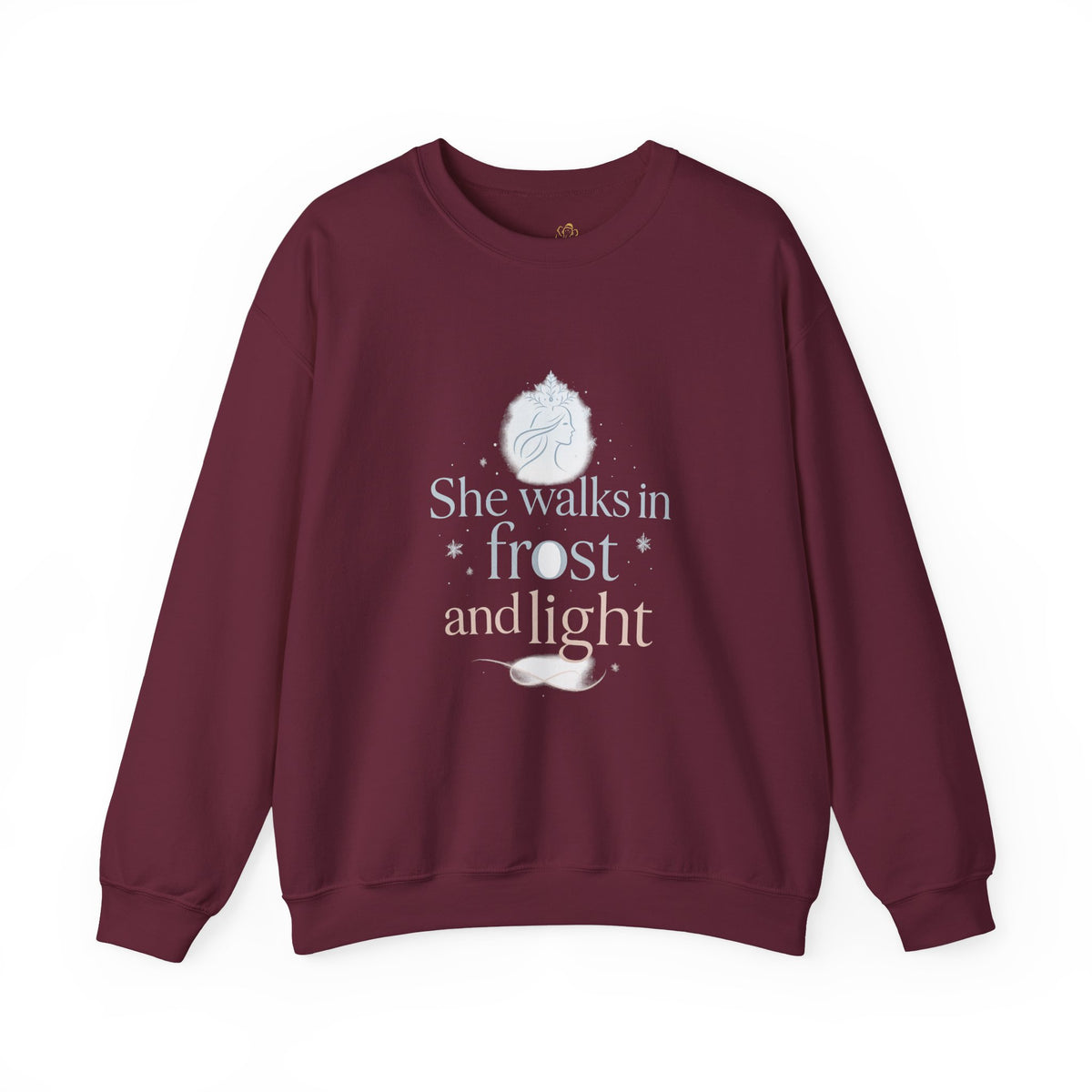 Maroon sweatshirt with "She walks in frost and light" and a winter goddess sketch