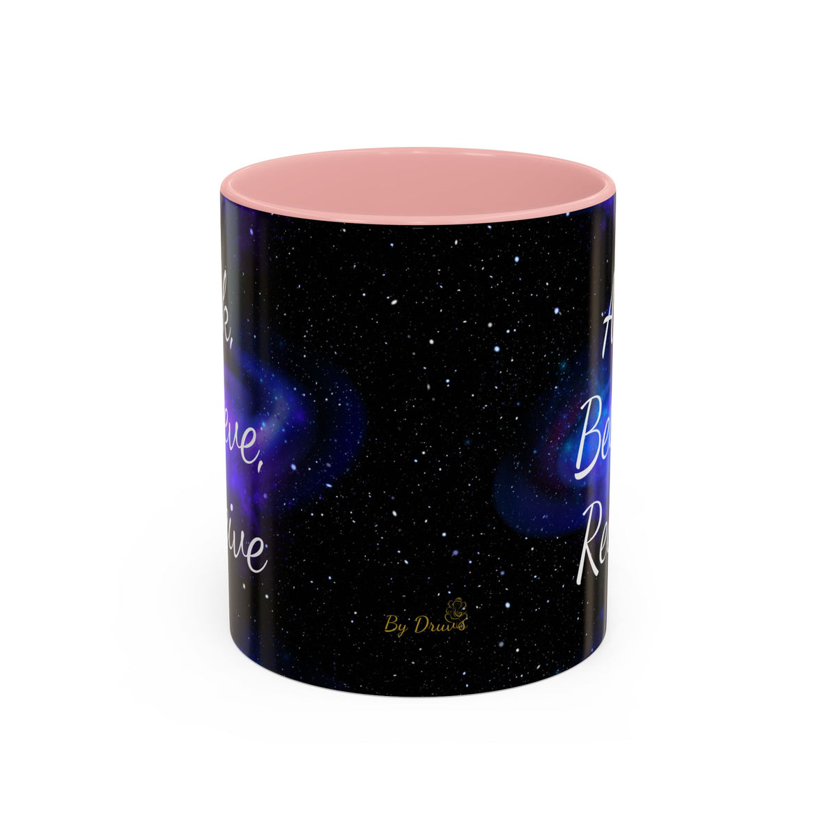 Ask Believe Receive two-tone manifestation mug with galaxy design by Druvs