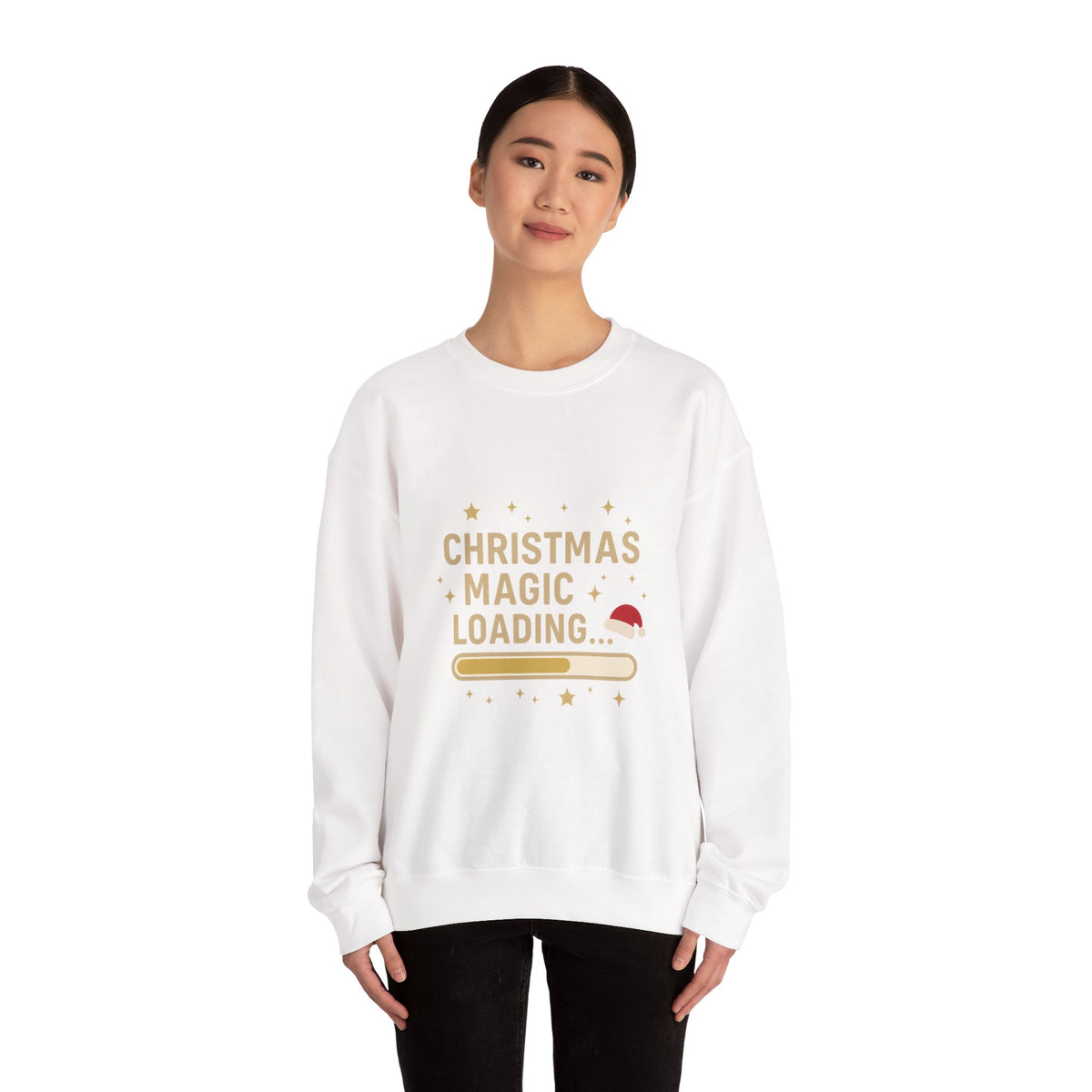 Model wearing a white Christmas Magic Loading Santa hat sweatshirt
