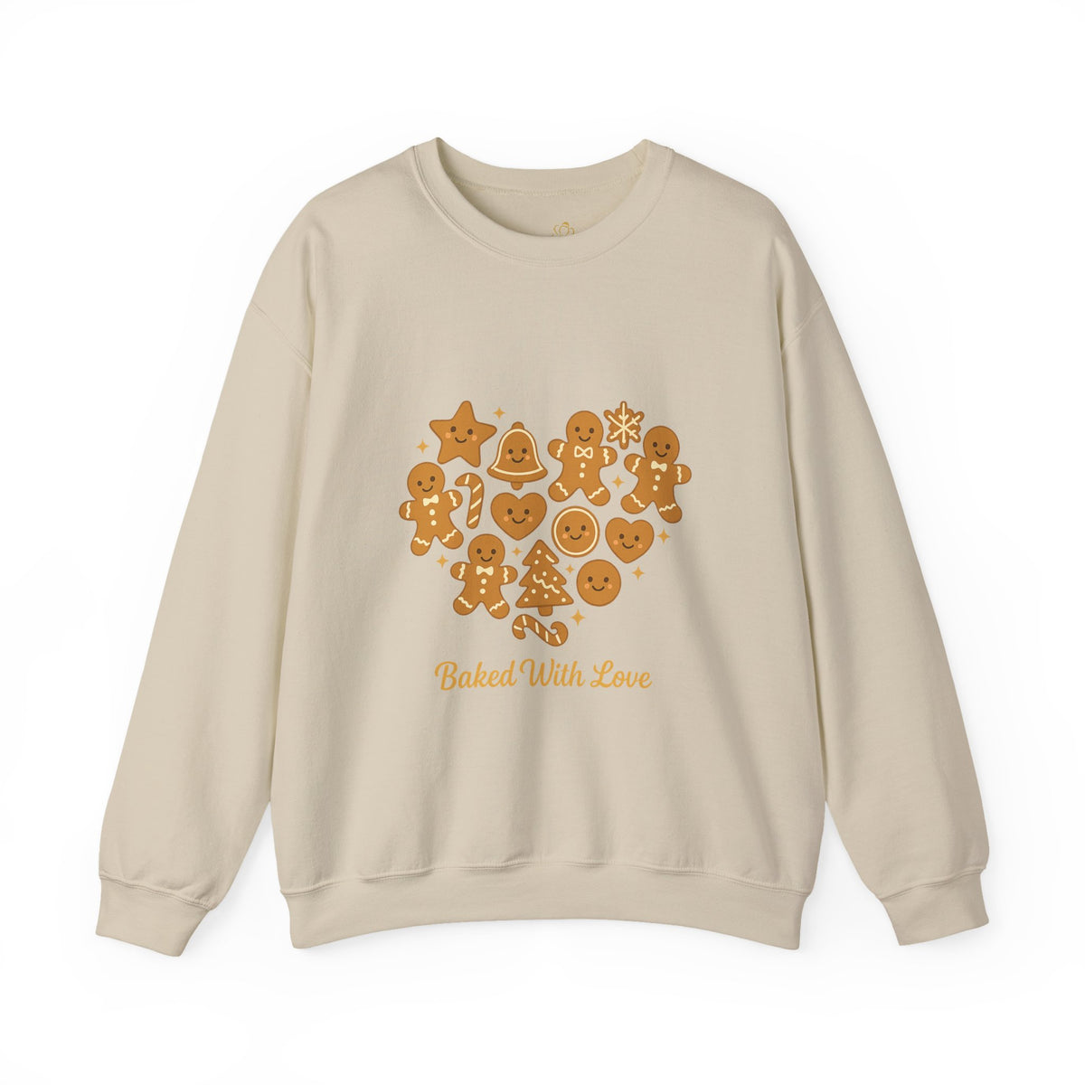 sand crewneck sweatshirt with Baked With Love gingerbread heart design