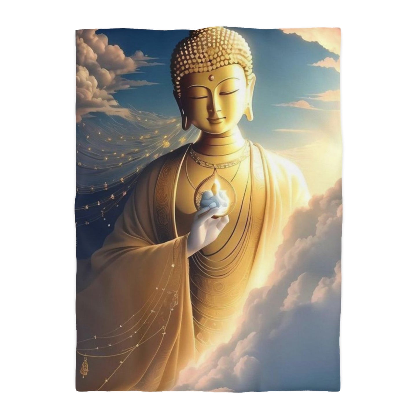 Golden Buddha in the Clouds Duvet Cover – Divine Serenity Bedding by Druvs (All Sizes, Ships Worldwide)