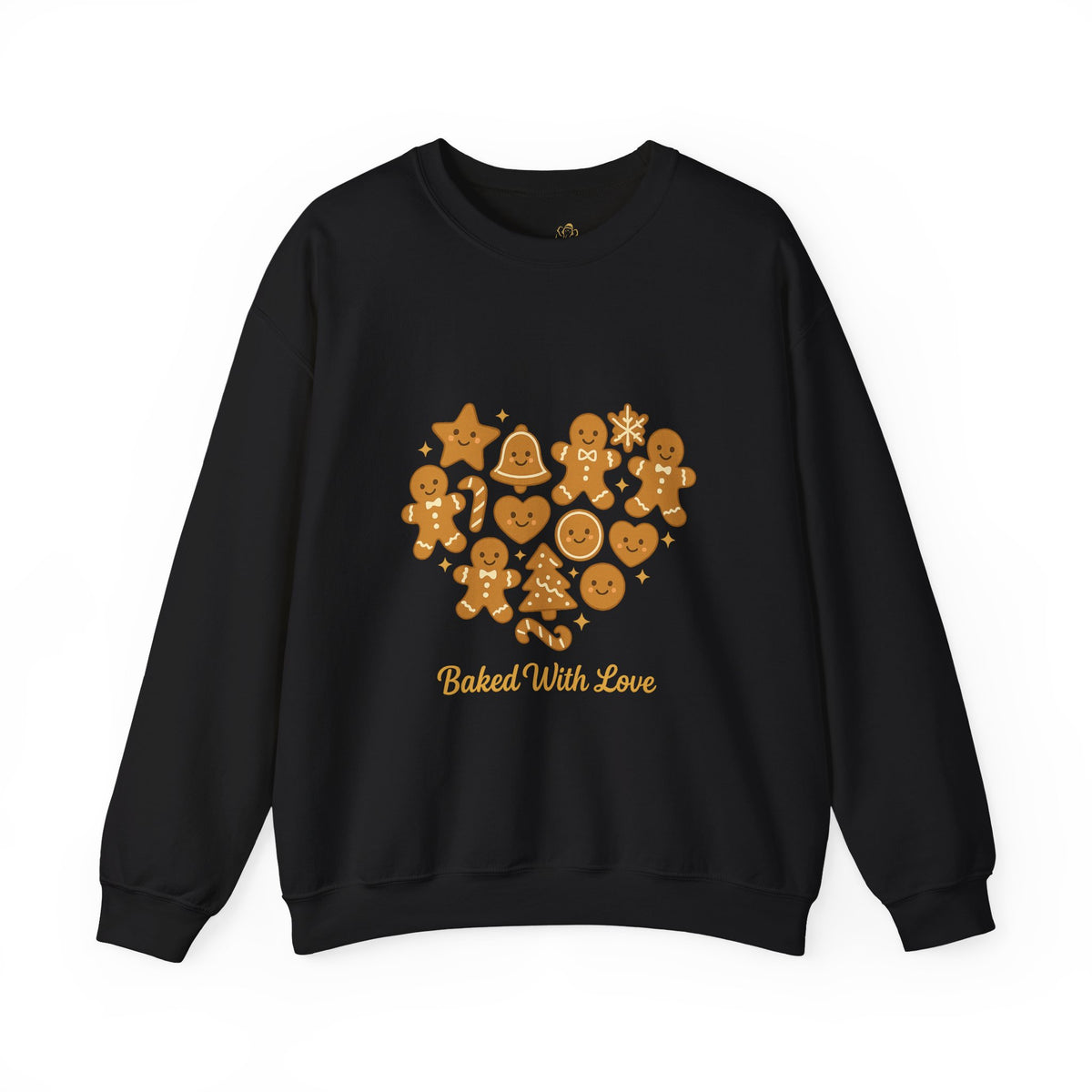 black crewneck sweatshirt with Baked With Love gingerbread heart design