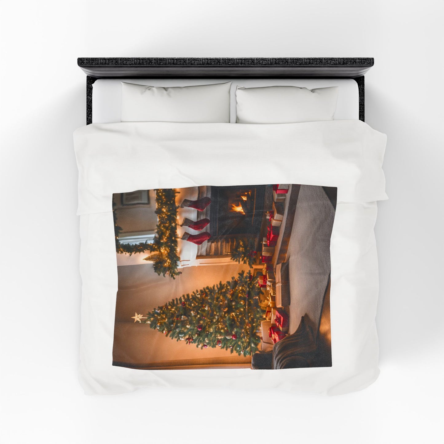 Velveteen Christmas Fireplace & Tree Blanket – Cozy Holiday Fleece Throw with Gifts & Lights