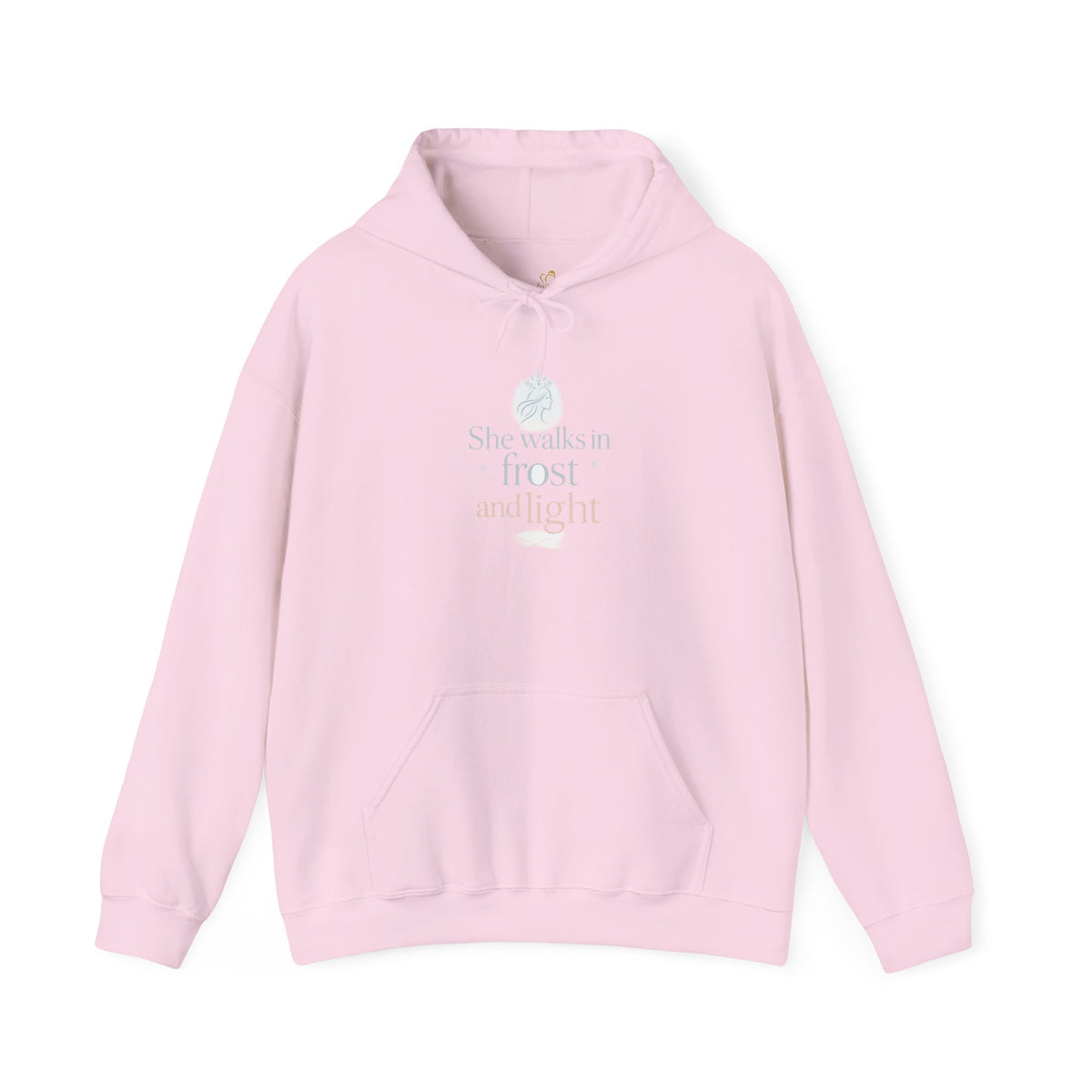 light pink hoodie with She Walks in Frost and Light moon design on the front