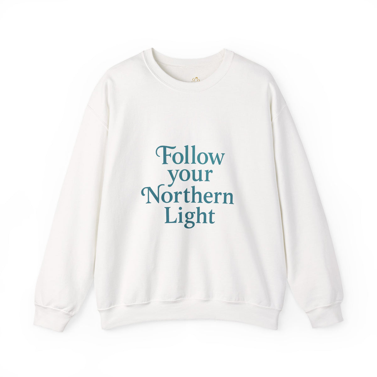 White sweatshirt with blue "Follow your Northern Light" lettering