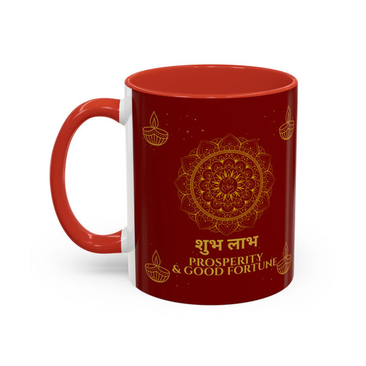 Shubh Labh red and gold Diwali mug with Ganesha mandala by Druvs