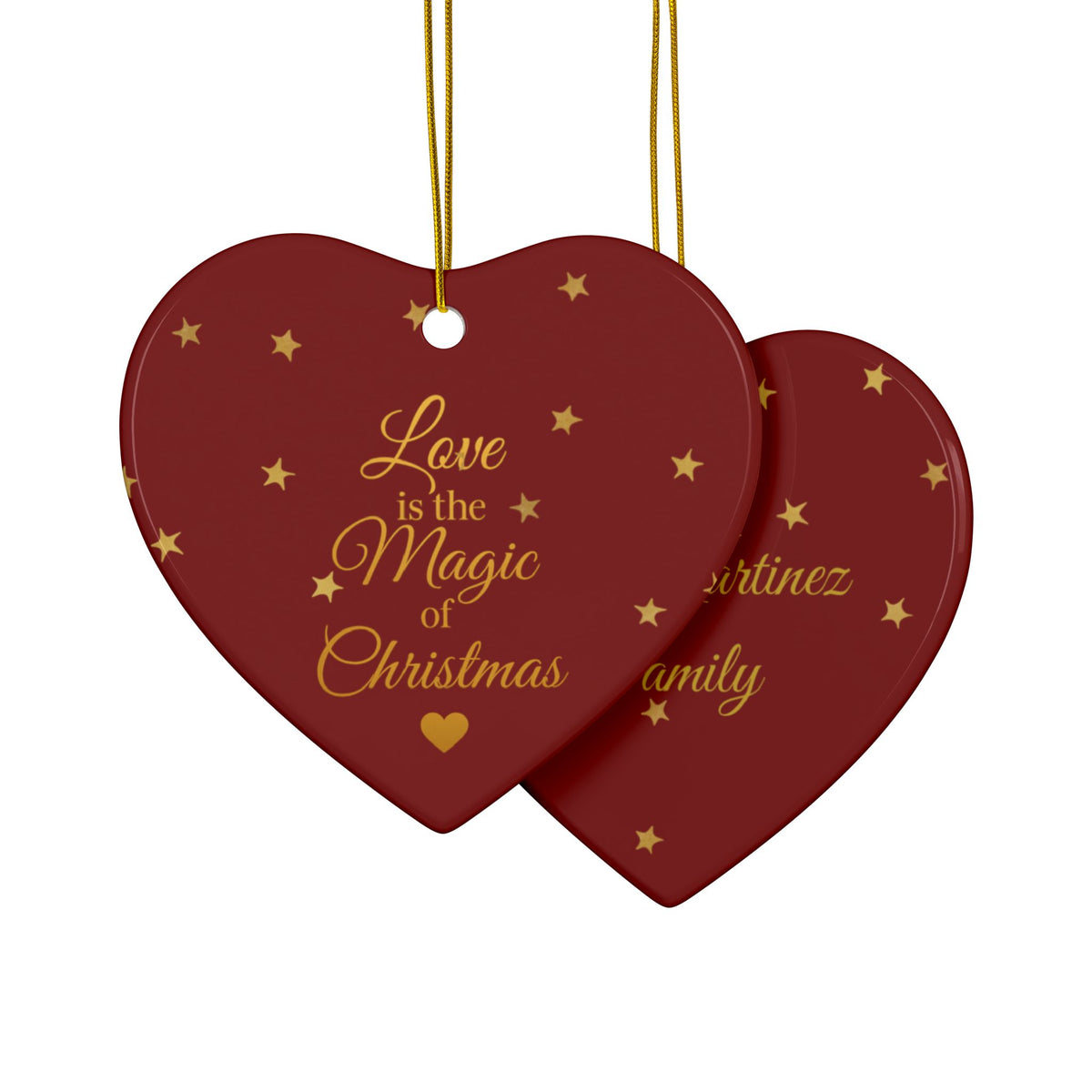 Front and example personalized back of red ceramic Christmas heart ornaments