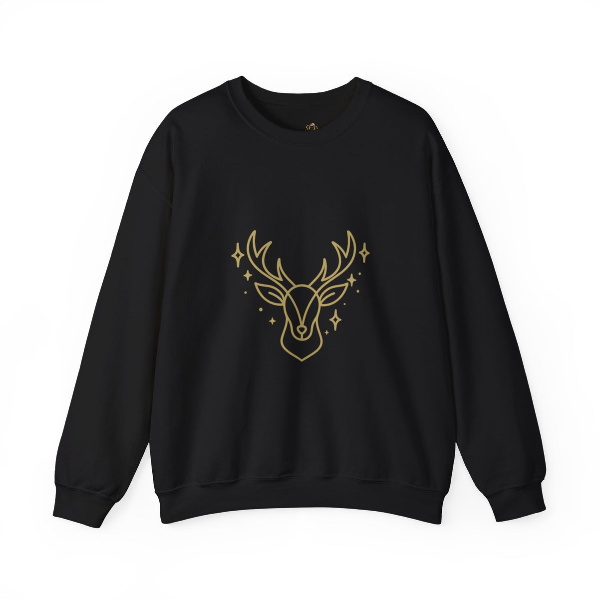 black crewneck sweatshirt with minimalist gold-colored reindeer design