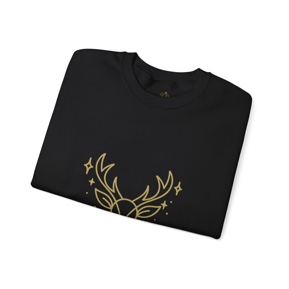 Folded black sweatshirt showing minimalist gold-colored reindeer print