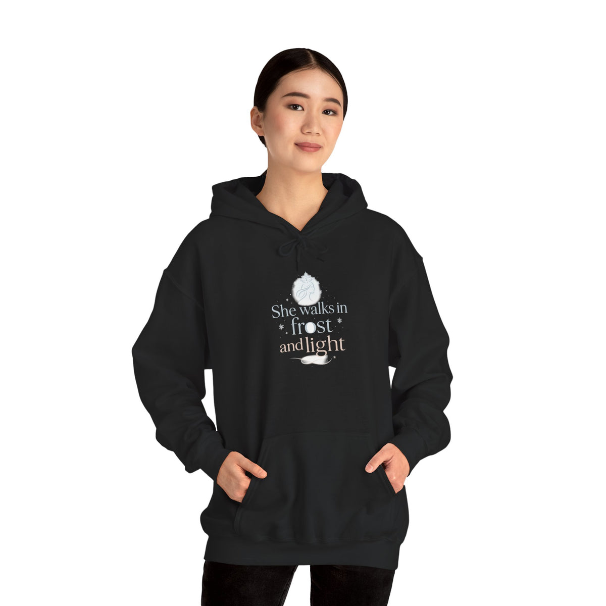 Model wearing a black She Walks in Frost and Light hoodie