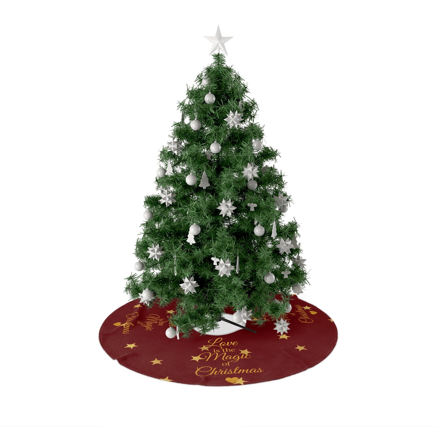 Luxury Christmas Tree Skirt – “Love is the Magic of Christmas” – Festive Red & Gold Holiday Decor