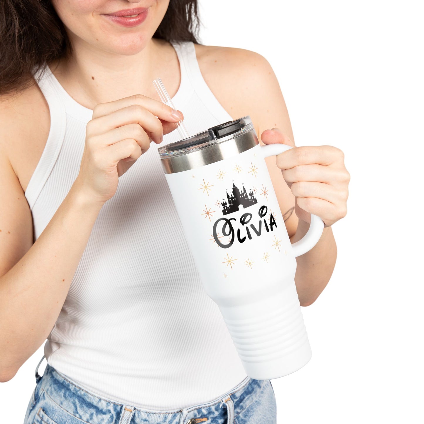 Personalized Disney-Inspired Travel Mug – Olivia Edition with Castle & Sparkles