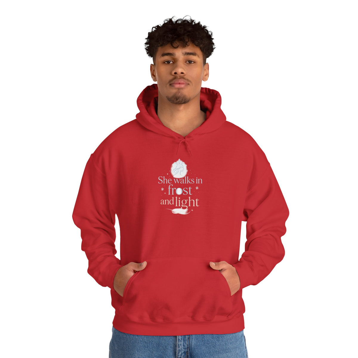 Model wearing a red She Walks in Frost and Light hoodie