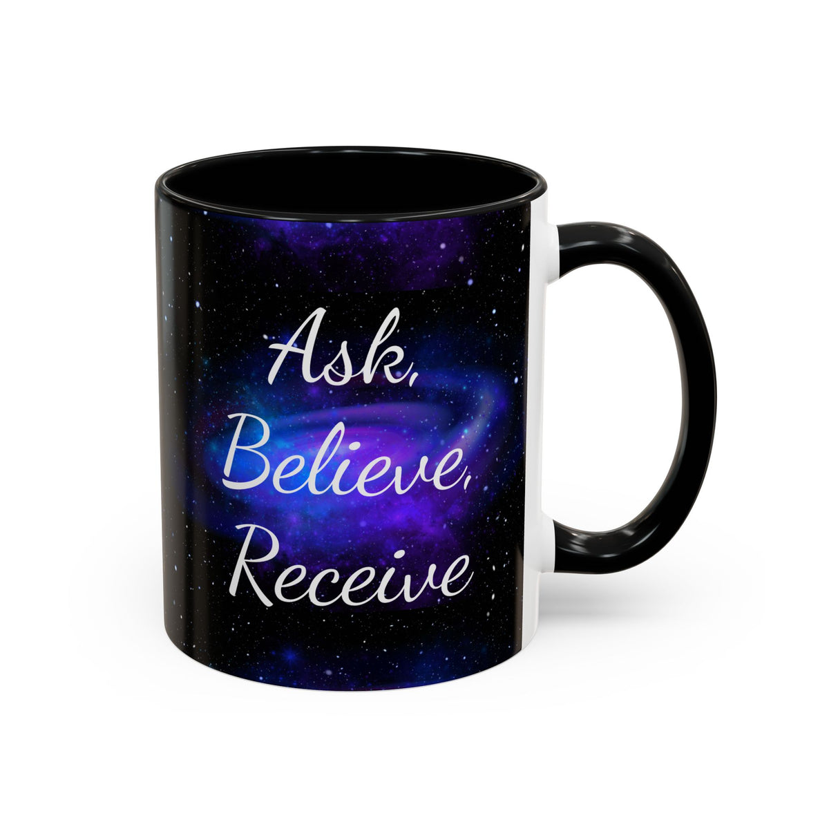 Ask Believe Receive two-tone manifestation mug with galaxy design by Druvs