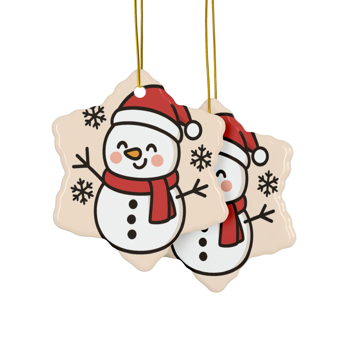 Front and back views of the snowflake smiling snowman Christmas ornament