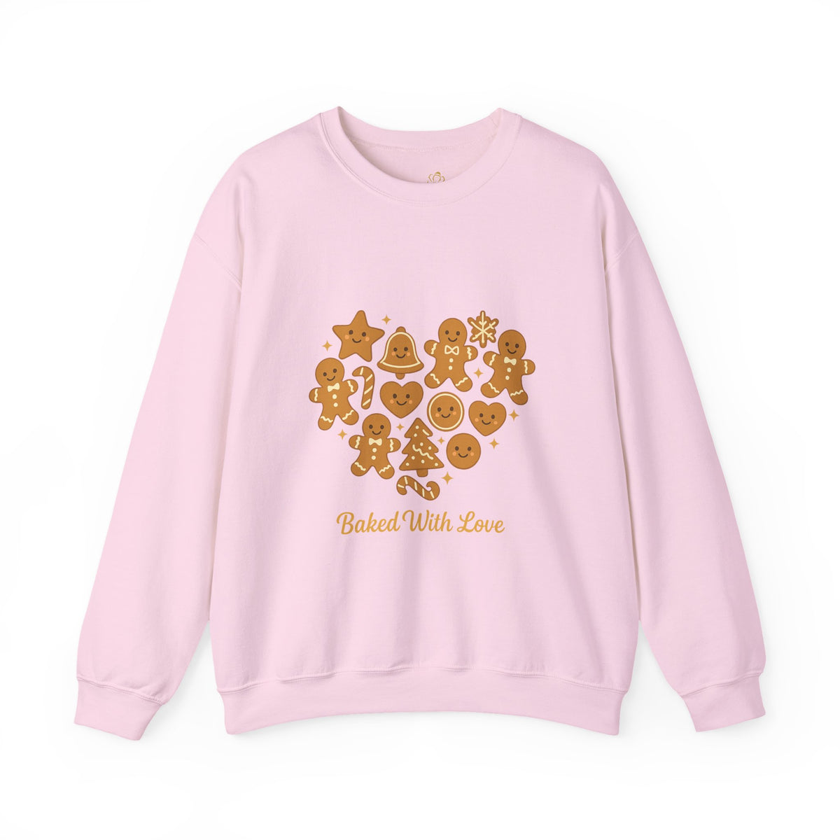 light pink crewneck sweatshirt with Baked With Love gingerbread heart design
