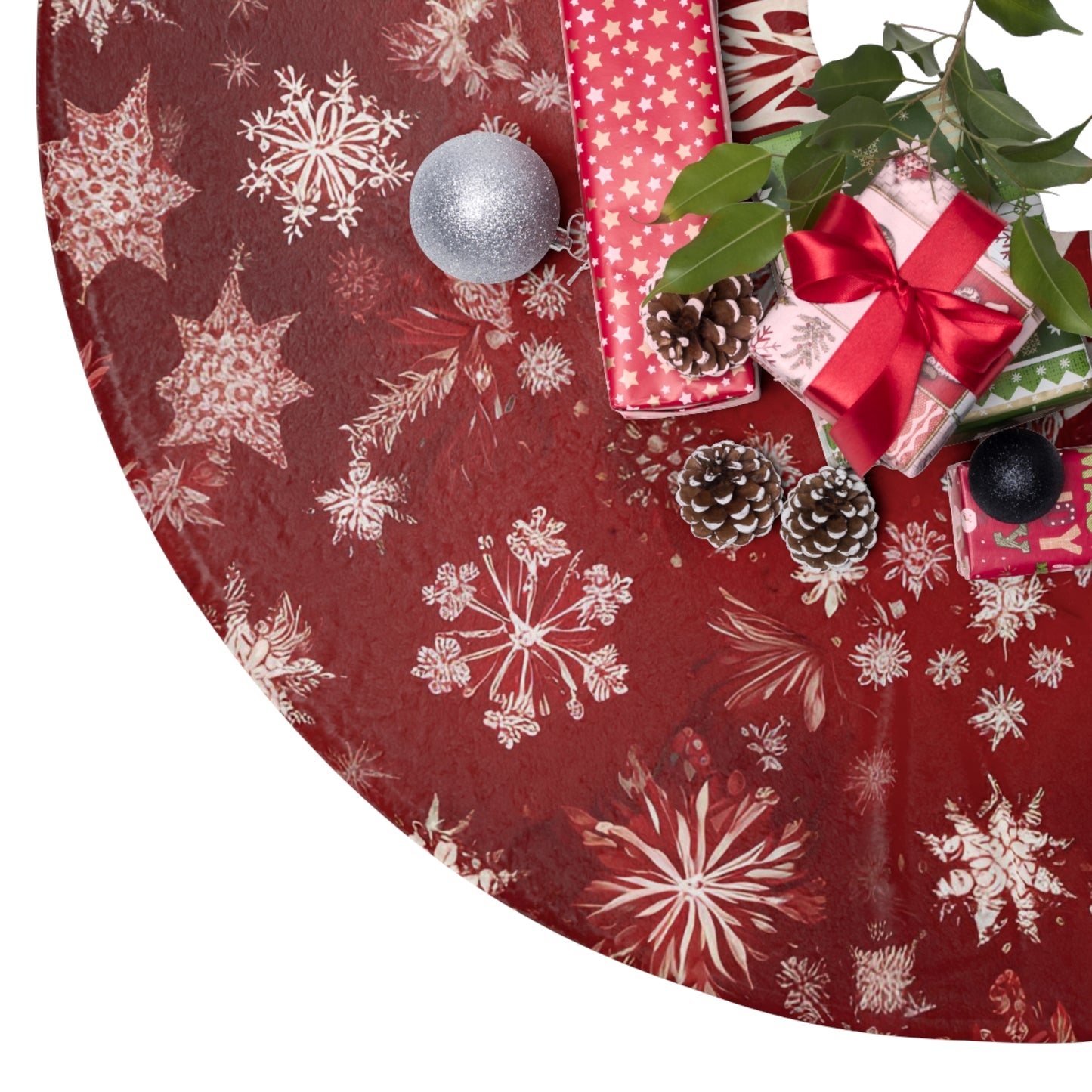 Elegant Red Snowflake Christmas Tree Skirt – Festive Holiday Decor