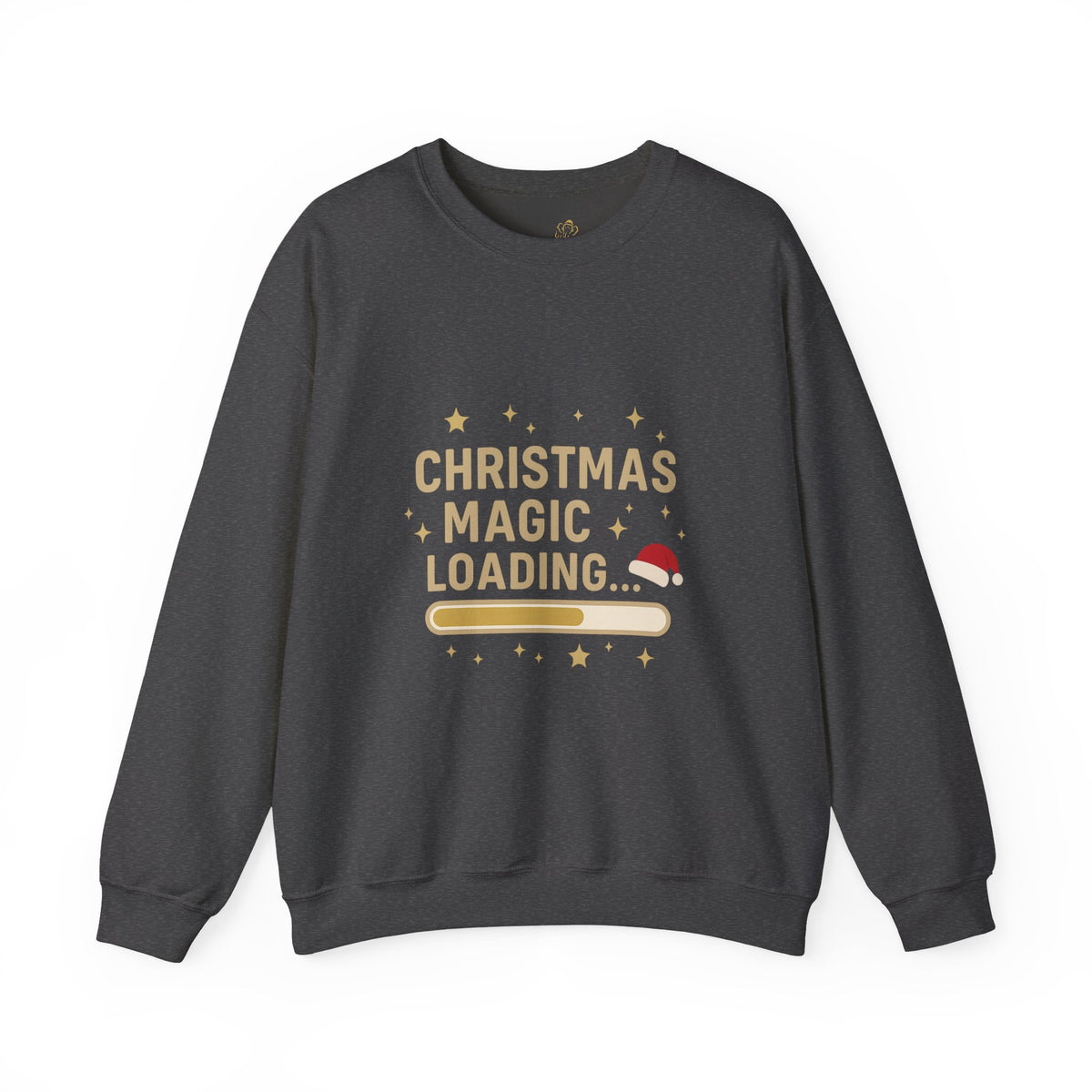 dark heather crewneck sweatshirt with Christmas Magic Loading Santa hat design