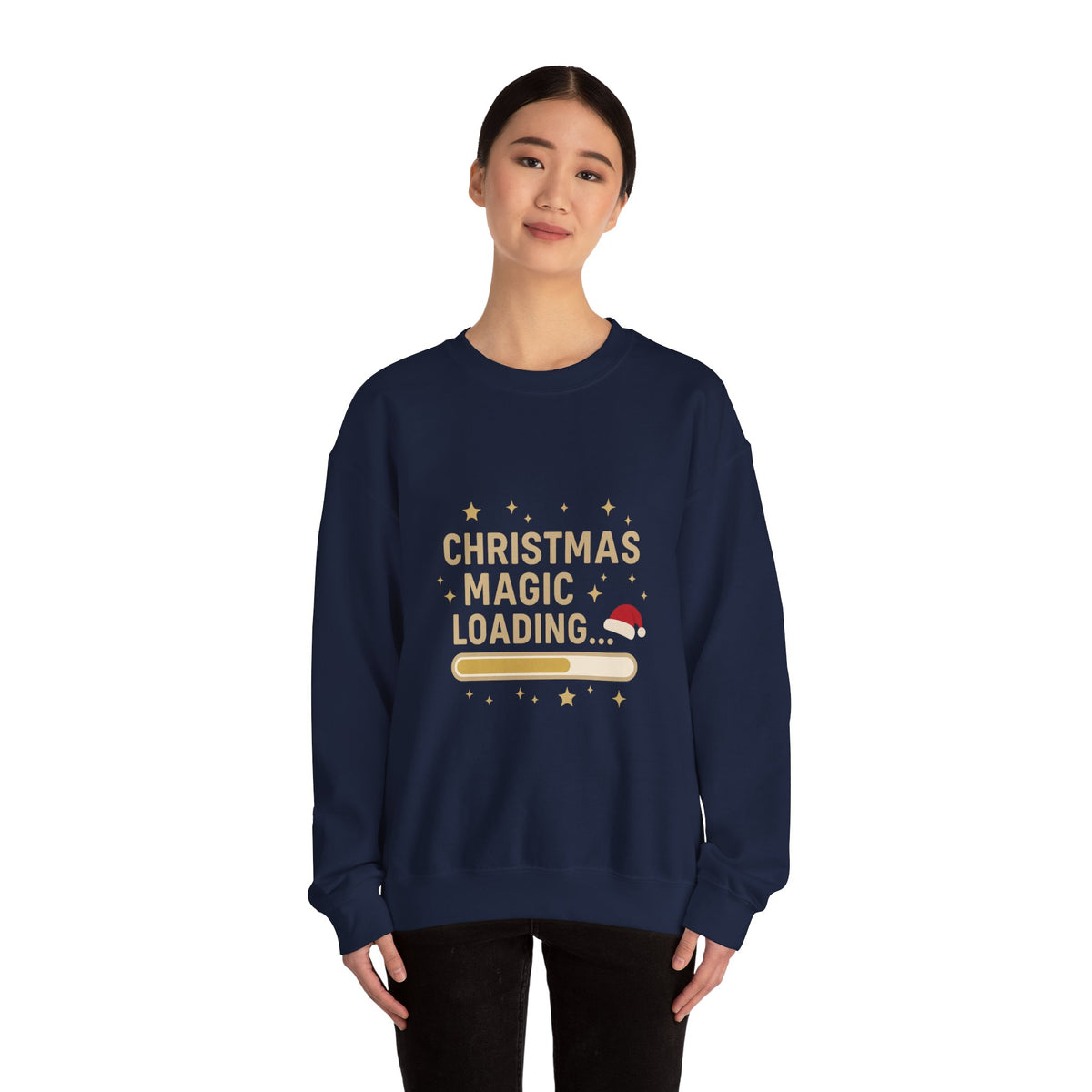 Model wearing a navy Christmas Magic Loading Santa hat sweatshirt